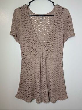 Metro 7 Beige Crochet Boho Short Sleeve V-Neck Blouse